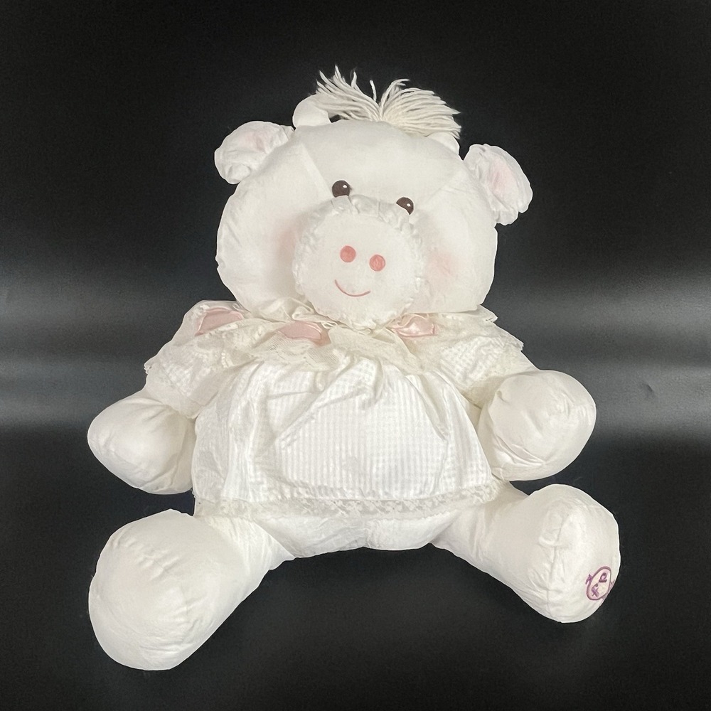 Vintage 1986 Fisher Price White Puffalump Cow Lace Pink Hearts Dress 15"‎